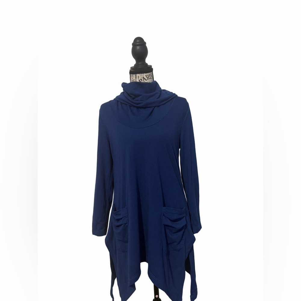 August Silk Navy Blue Cowl Top with Pockets